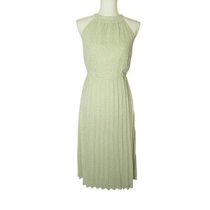 NEW Japna High Neck Slit Back Accordion Pleat Midi Dress Sleeveless Green Size M